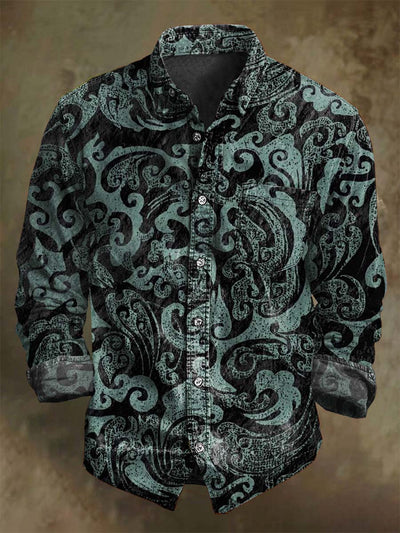 Retro Oriental Line Printed Casual Long Sleeve Shirt