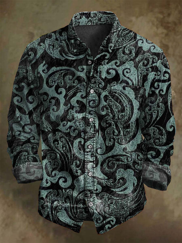 Retro Oriental Line Printed Casual Long Sleeve Shirt