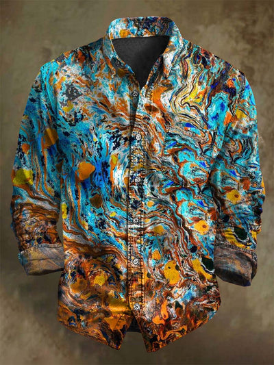 Retro multi-color abstract marble printed casual long sleeved shirt