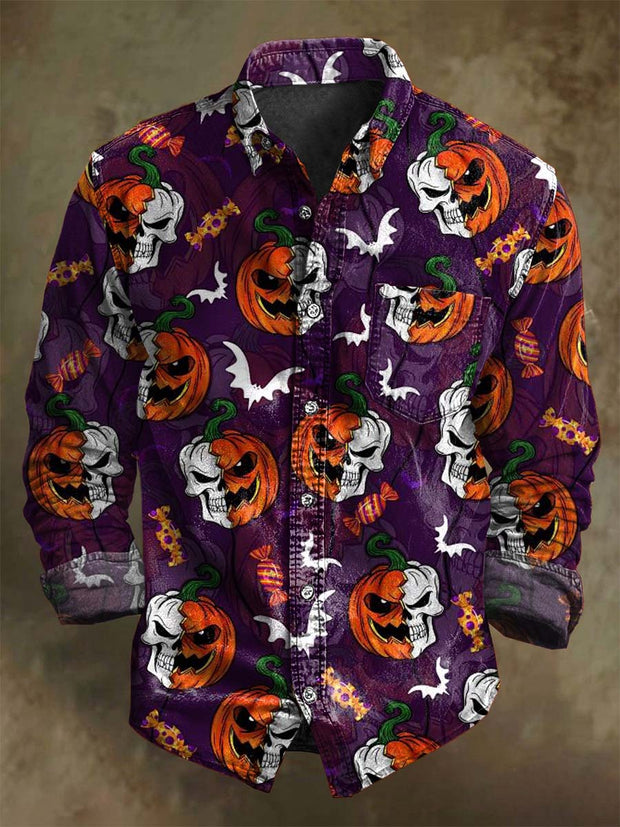 Halloween Evil Pumpkin Skull Printed Casual Long Sleeve Shirt
