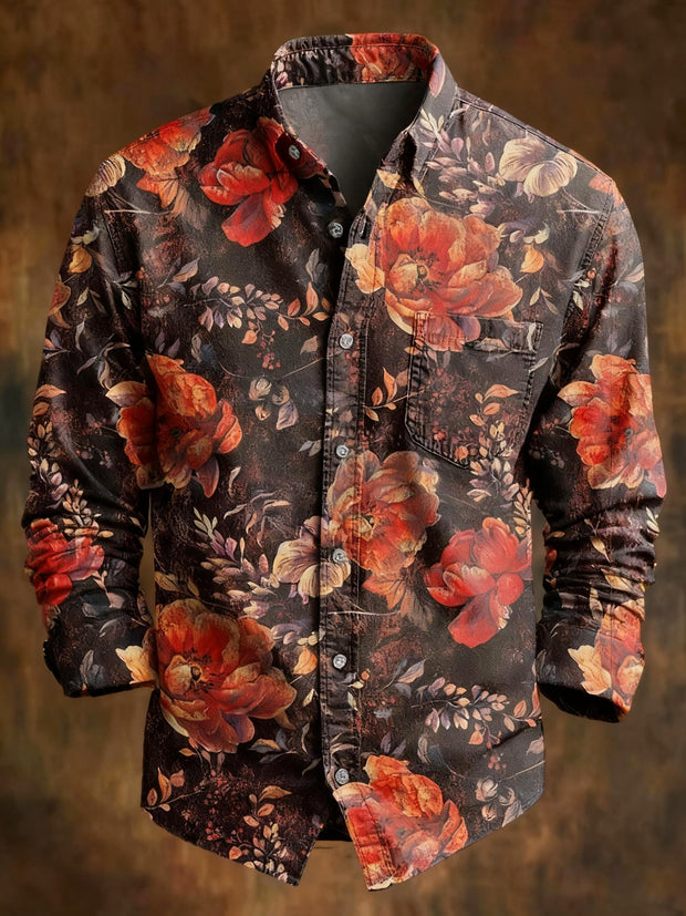 Retro floral print casual long sleeved shirt