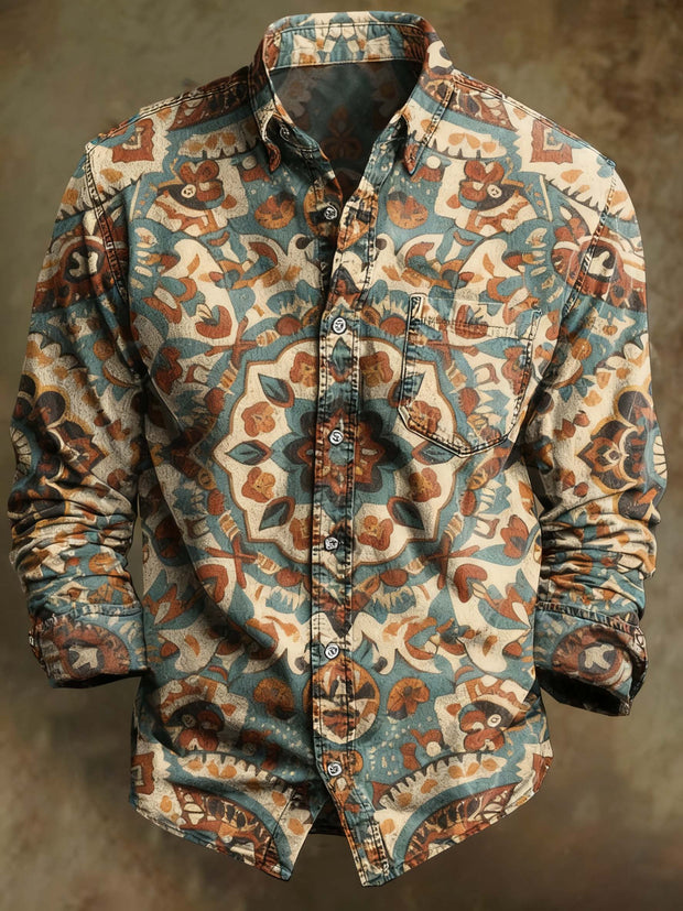 Retro abstract mandala print casual long sleeved shirt