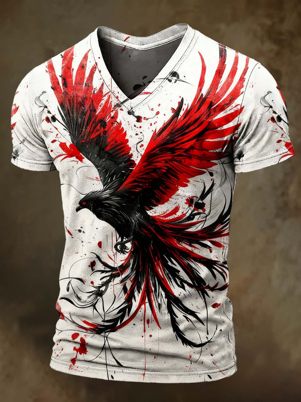 Abstract red bird print casual short sleeved T-shirt