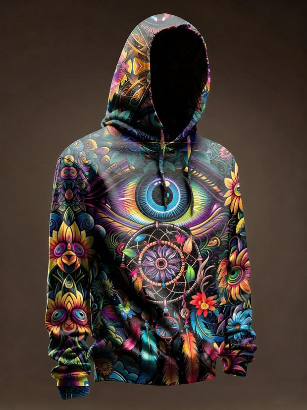 Retro floral abstract eye print casual hooded sweatshirt