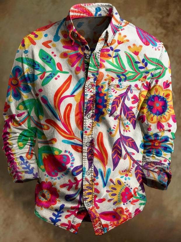 Colorful Abstract Floral Print Casual Long sleeved Shirt