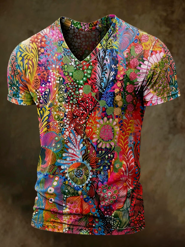 Colorful abstract floral print casual short sleeved T-shirt