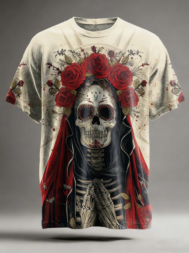 Flower skull print casual short sleeved T-shirt