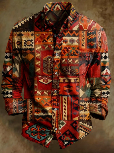 Abstract retro irregular pattern printed casual long sleeved shirt