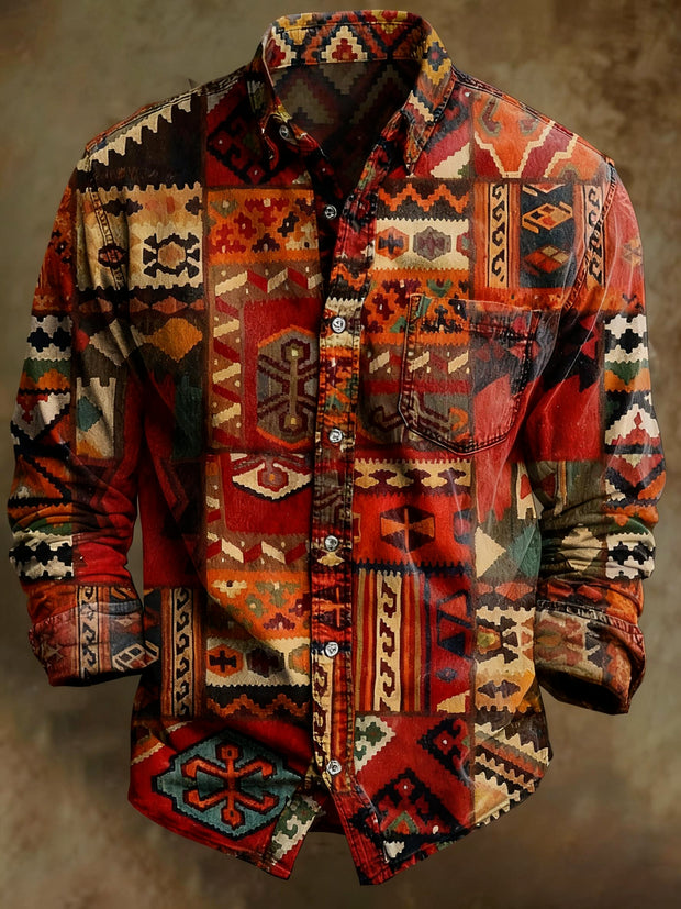 Abstract retro irregular pattern printed casual long sleeved shirt