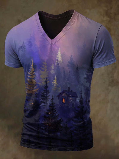 Psychedelic purple forest print casual short sleeved T-shirt