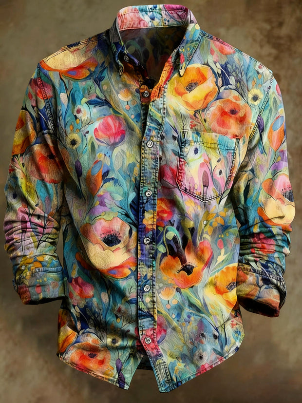 Colorful abstract oil painting retro floral print casual long sleeved shirt