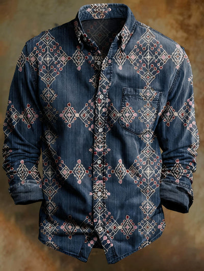 Retro totem printed casual long sleeved shirt