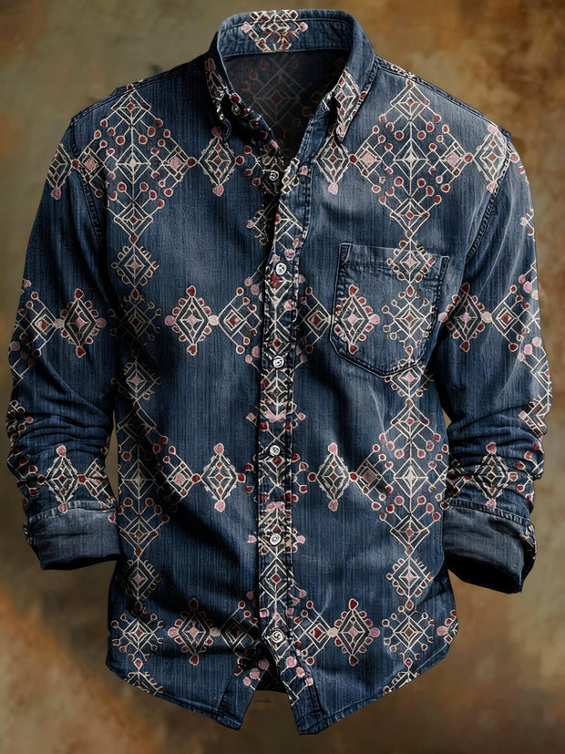 Retro totem printed casual long sleeved shirt