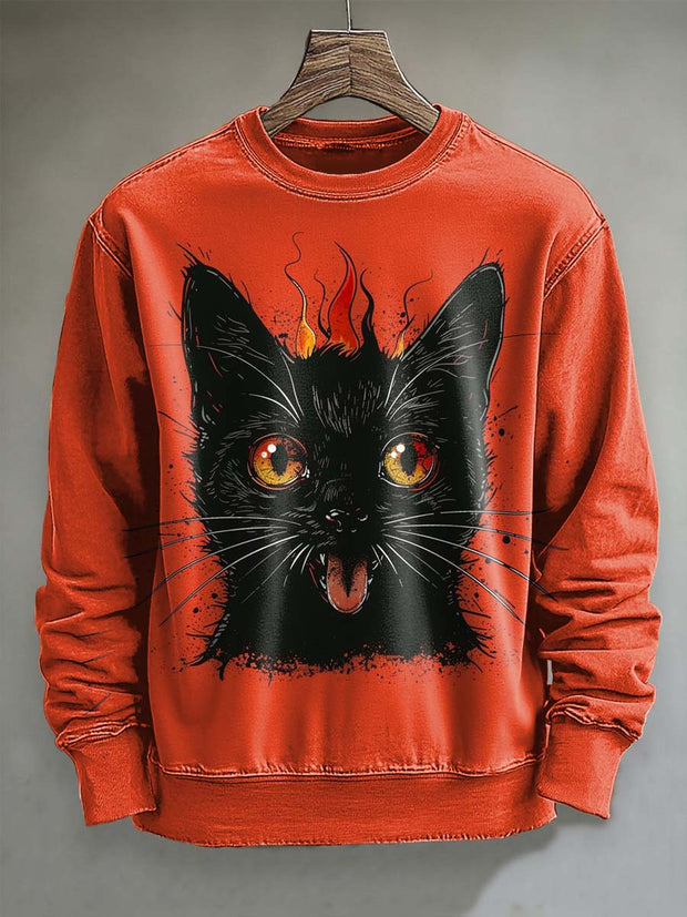 Halloween Black Cat Print Casual Crewneck Sweatshirt