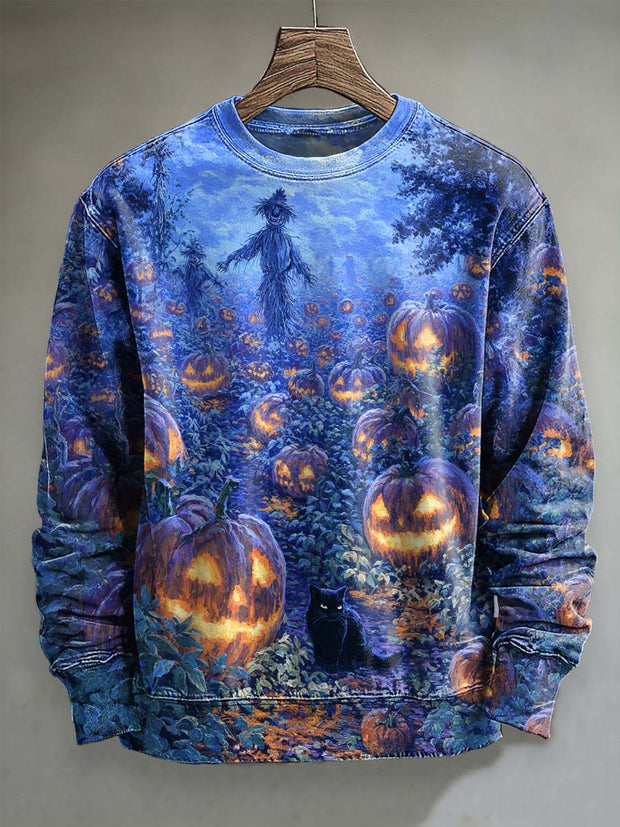 Halloween Scarecrow Pumpkin Print Casual Crewneck Sweatshirt