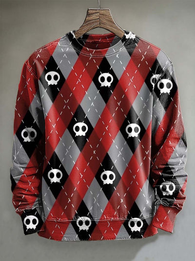 Halloween Skull Plaid Print Casual Crewneck Sweatshirt