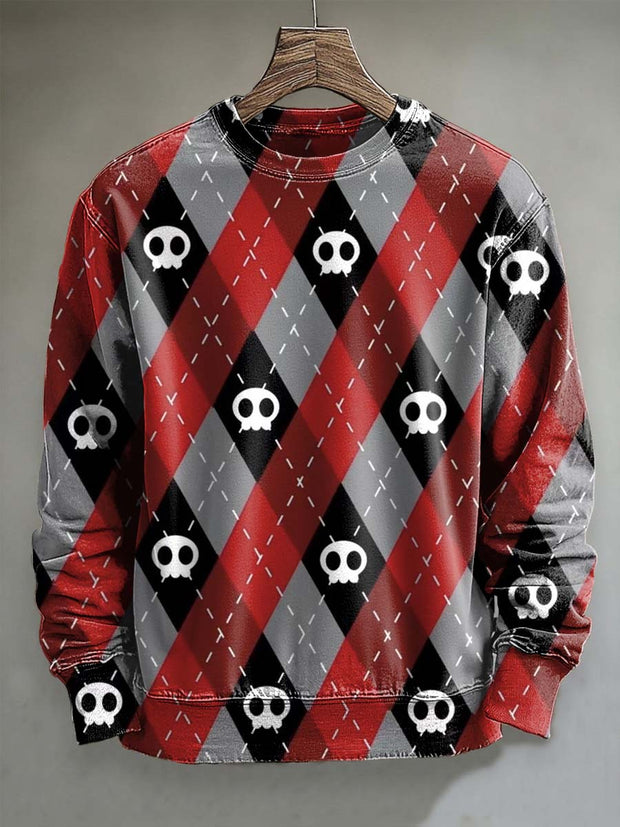 Halloween Skull Plaid Print Casual Crewneck Sweatshirt