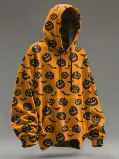 Halloween Pumpkin Bat Print Casual Hooded Sweatshirt