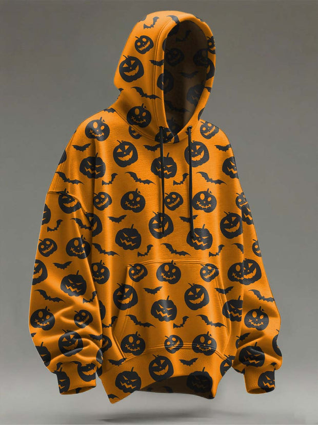 Halloween Pumpkin Bat Print Casual Hooded Sweatshirt