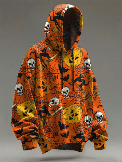 Halloween Black Cat Broom Pumpkin Print Casual Hooded Sweatshirt