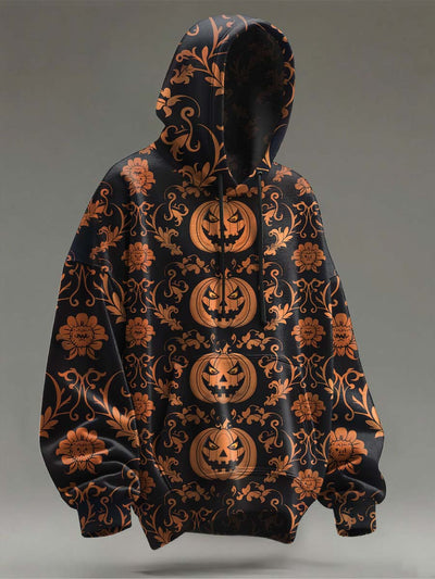Halloween Evil Pumpkin Floral Print Casual Hooded Sweatshirt