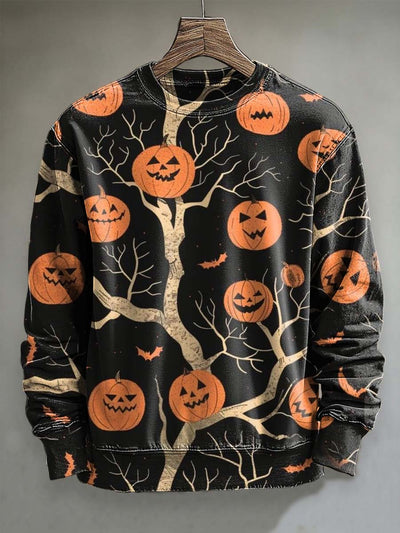 Halloween Pumpkin Tree Print Casual Crewneck Sweatshirt