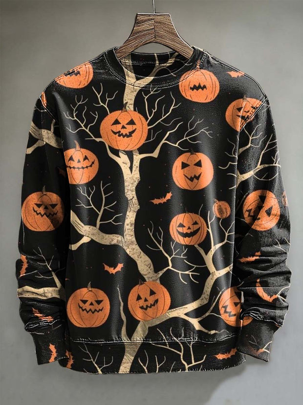 Halloween Pumpkin Tree Print Casual Crewneck Sweatshirt