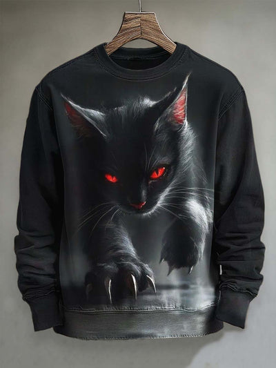 Halloween Black Cat Print Casual Crewneck Sweatshirt