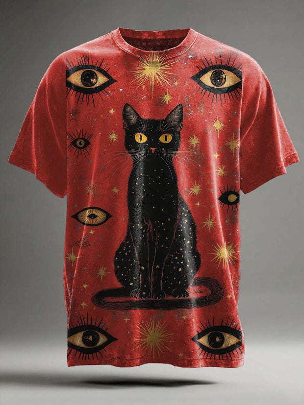 Halloween Black Cat Abstract Print Casual Short-Sleeve T-Shirt
