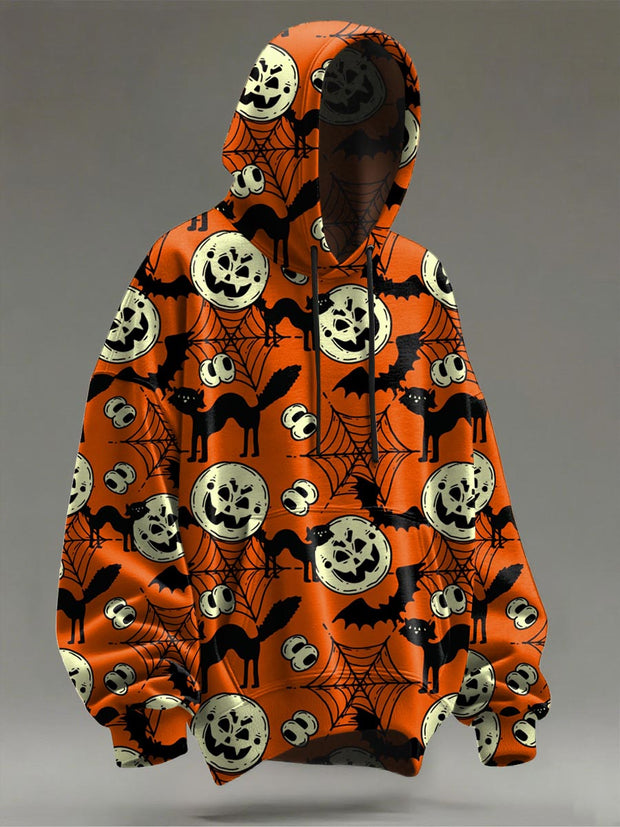 Halloween Black Cat Pumpkin Print Casual Hooded Sweatshirt