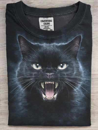 Halloween Angry Cat Print Casual Short-Sleeve T-Shirt