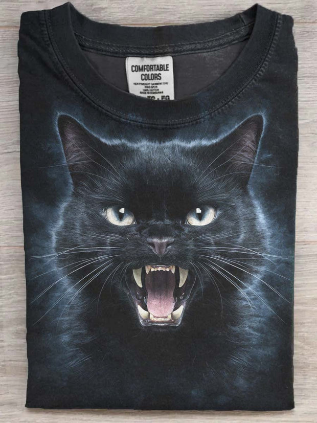 Halloween Angry Cat Print Casual Short-Sleeve T-Shirt