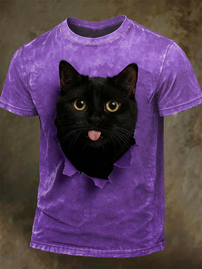 Tongue-Out Cat Print Casual Short-Sleeve T-Shirt