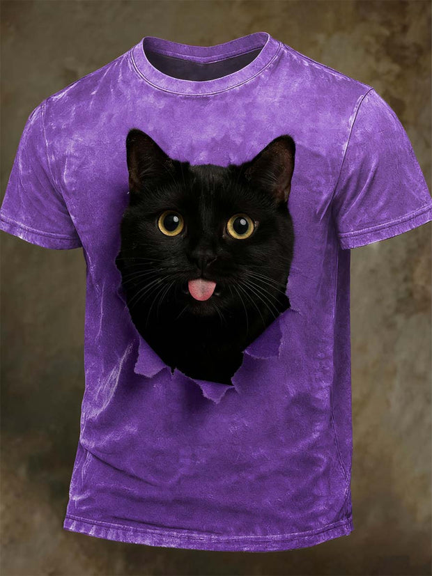 Tongue-Out Cat Print Casual Short-Sleeve T-Shirt