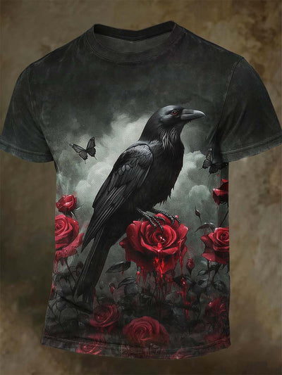 Halloween Crow Rose Print Casual Short-Sleeve T-Shirt