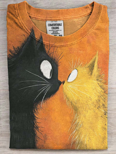 Funny Staring Cats Print Casual Short-Sleeve T-Shirt