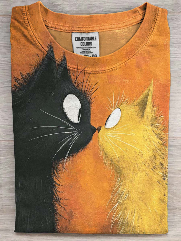 Funny Staring Cats Print Casual Short-Sleeve T-Shirt