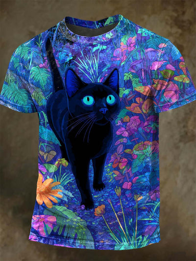 Psychedelic Black Cat Print Casual Short-Sleeve T-Shirt