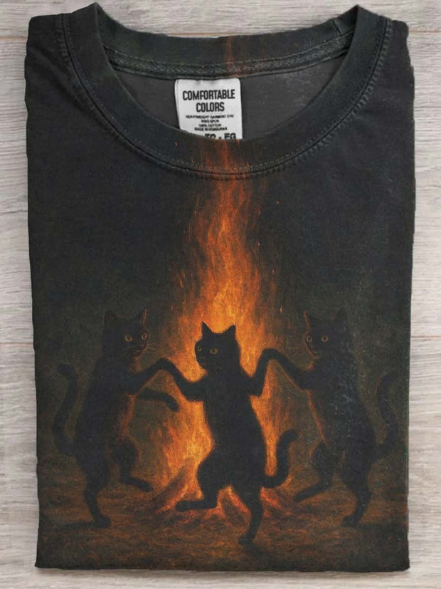 Halloween Bonfire Cat Print Casual Short-Sleeve T-Shirt