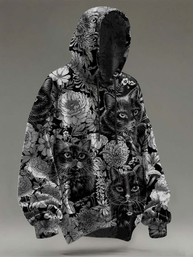 Halloween Floral Black Cat Print Casual Hooded Sweatshirt