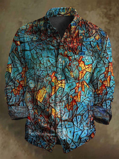 Vintage-inspired distressed crack print casual long-sleeve shirt