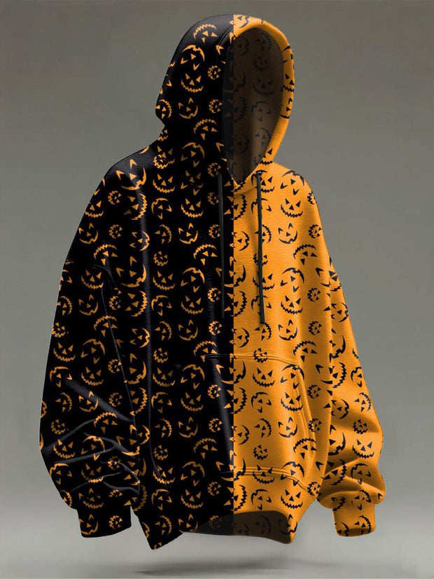 Halloween Patchwork Pumpkin Print Casual Hooded Sweatshirt
