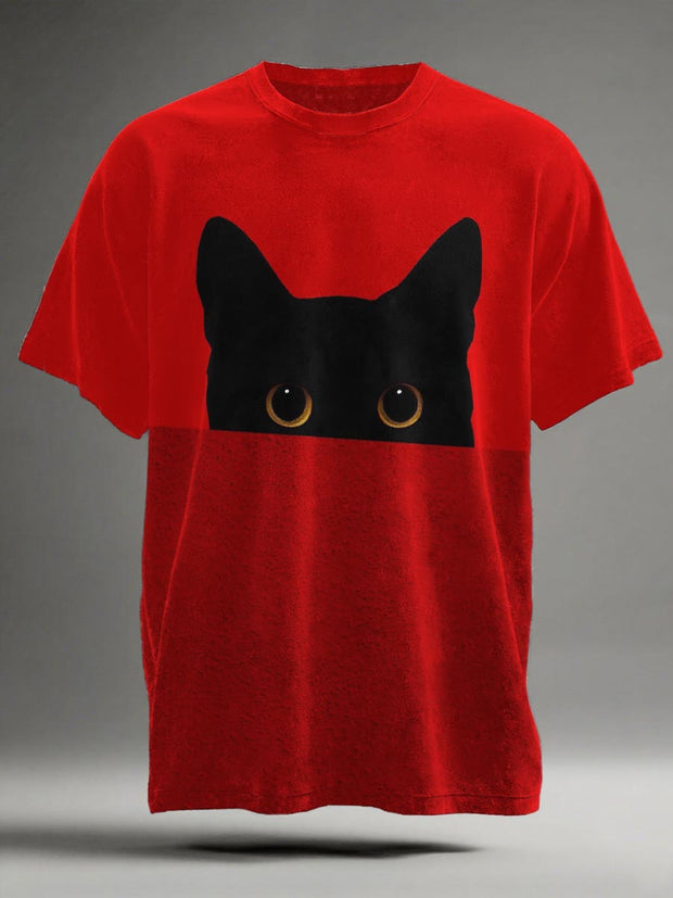 Abstract Black Cat Print Casual Short-Sleeve T-Shirt