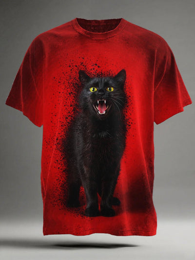 Roaring Black Cat Print Casual Short-Sleeve T-Shirt