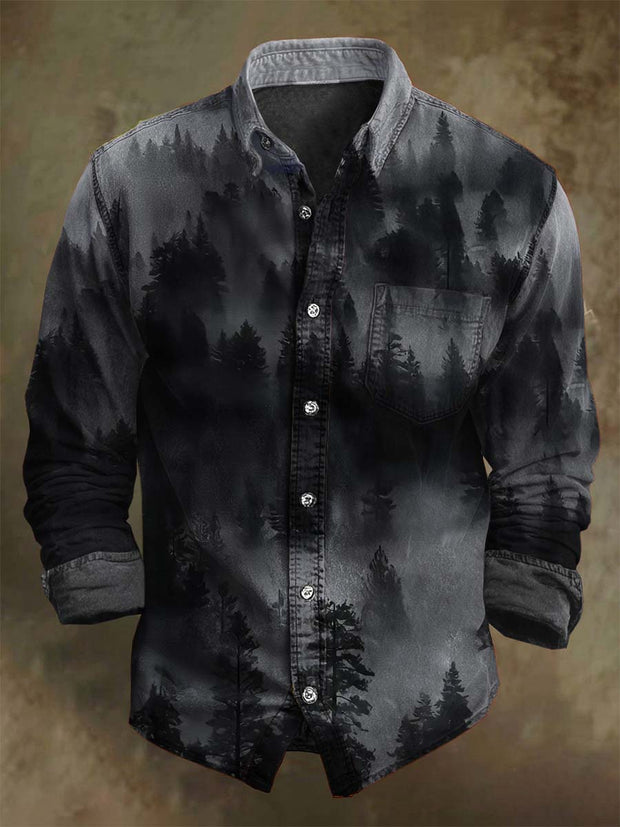 Misty Black Forest Print Casual Long-Sleeve Shirt