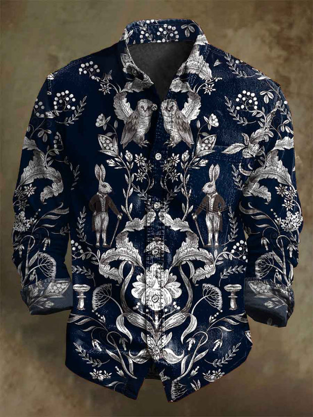 Vintage Rabbit and Owl Floral Print Casual Long-Sleeve Shirt
