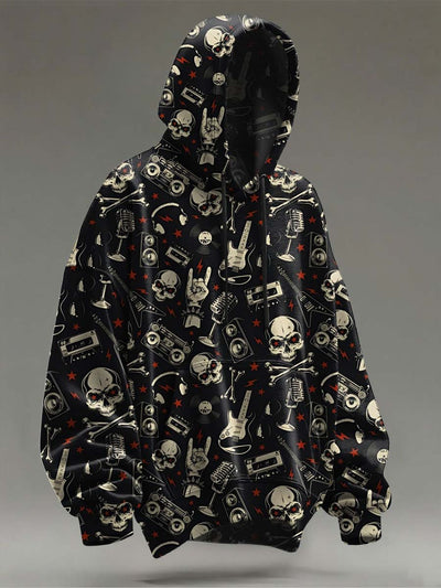 Skeleton Rock Guitar Print Casual Hooded Sweatshirt