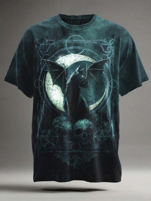 Halloween Black Cat and Skull Print Casual Short-Sleeve T-Shirt