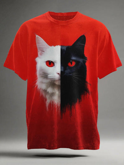 Abstract Black-and-White Cat Print Casual Short-Sleeve T-Shirt
