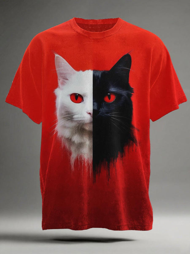 Abstract Black-and-White Cat Print Casual Short-Sleeve T-Shirt